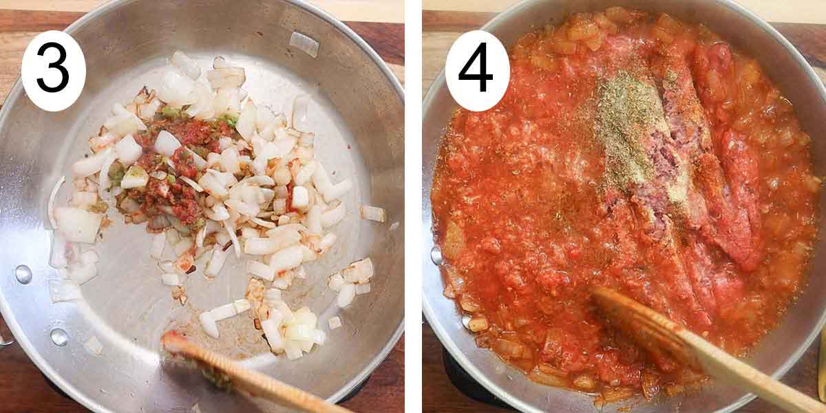 Collage on how to make beef cannellonis and on the left sauteing the onions and cooking the meat on the right.