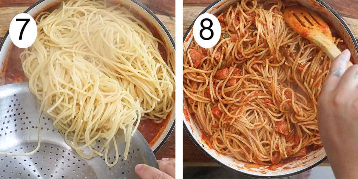 Collage on how to make spaghetti with spam and on the left adding the pasta to the spam and mixing on the right.