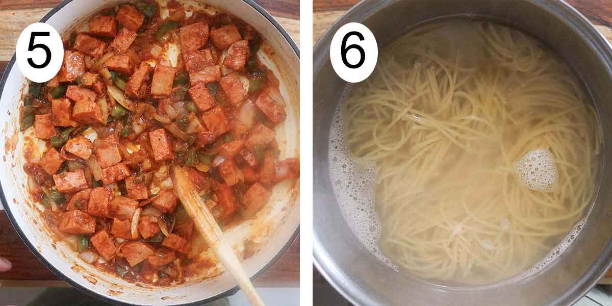 Collage on how to make spaghetti with spam and on the left sauteing the vegetables with the sofrito and cooking the pasta on the right.
