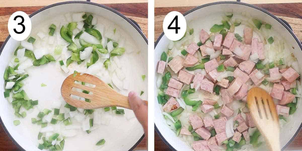 Collage on how to make spaghetti with spam and on the left sauteing the vegetables and on the right sauteing with the spam.
