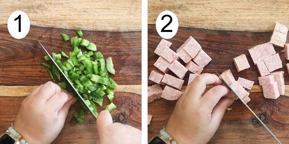 Collage on how to make spaghetti with spam and on the left cutting a green pepper and cutting spam on the right.