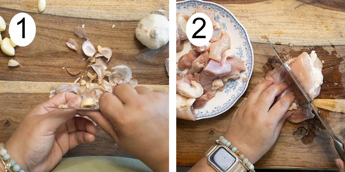Collage on how to make a spanish pollo al ajillo and on the left peeling garlic and cutting chicken on the right.
