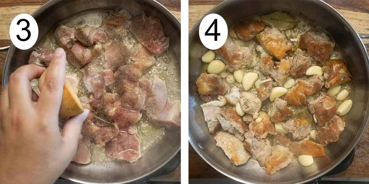 Collage on how to make spanish garlic chicken and on the left adding the seasoning and cooking on the right.