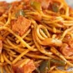 A plate full of spam spaghetti con jamonilla in a Puerto Rican style.