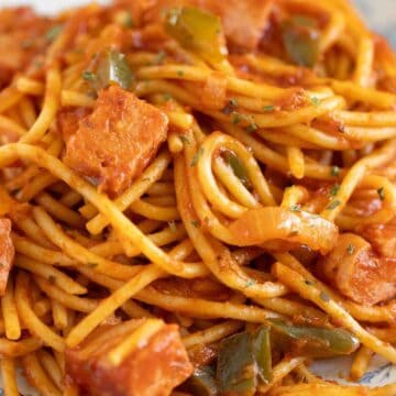 A plate full of spam spaghetti con jamonilla in a Puerto Rican style.