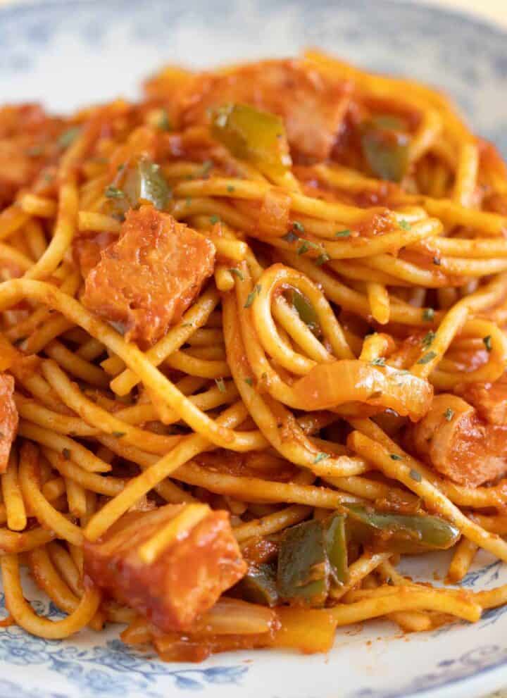 A plate full of spam spaghetti con jamonilla in a Puerto Rican style.