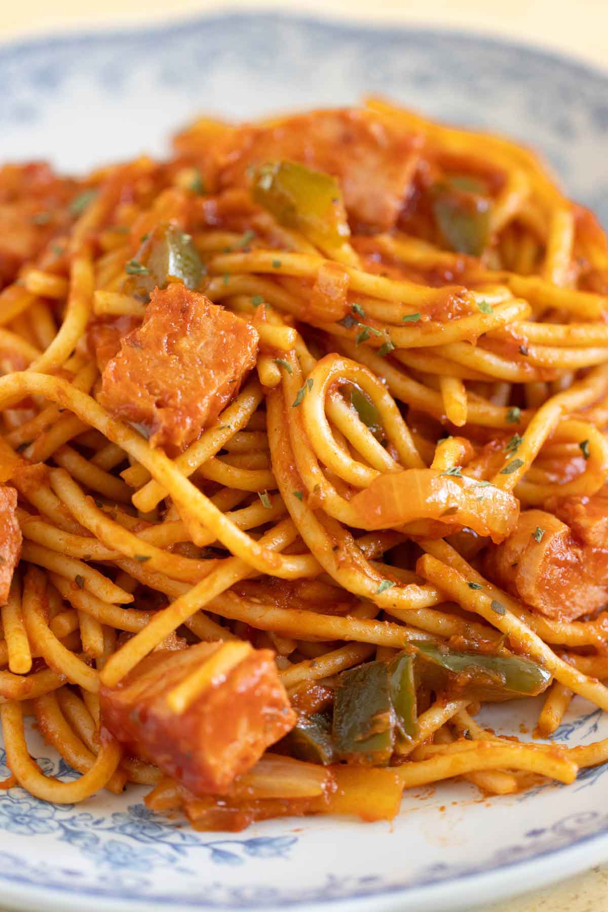 A plate full of spam spaghetti con jamonilla in a Puerto Rican style.