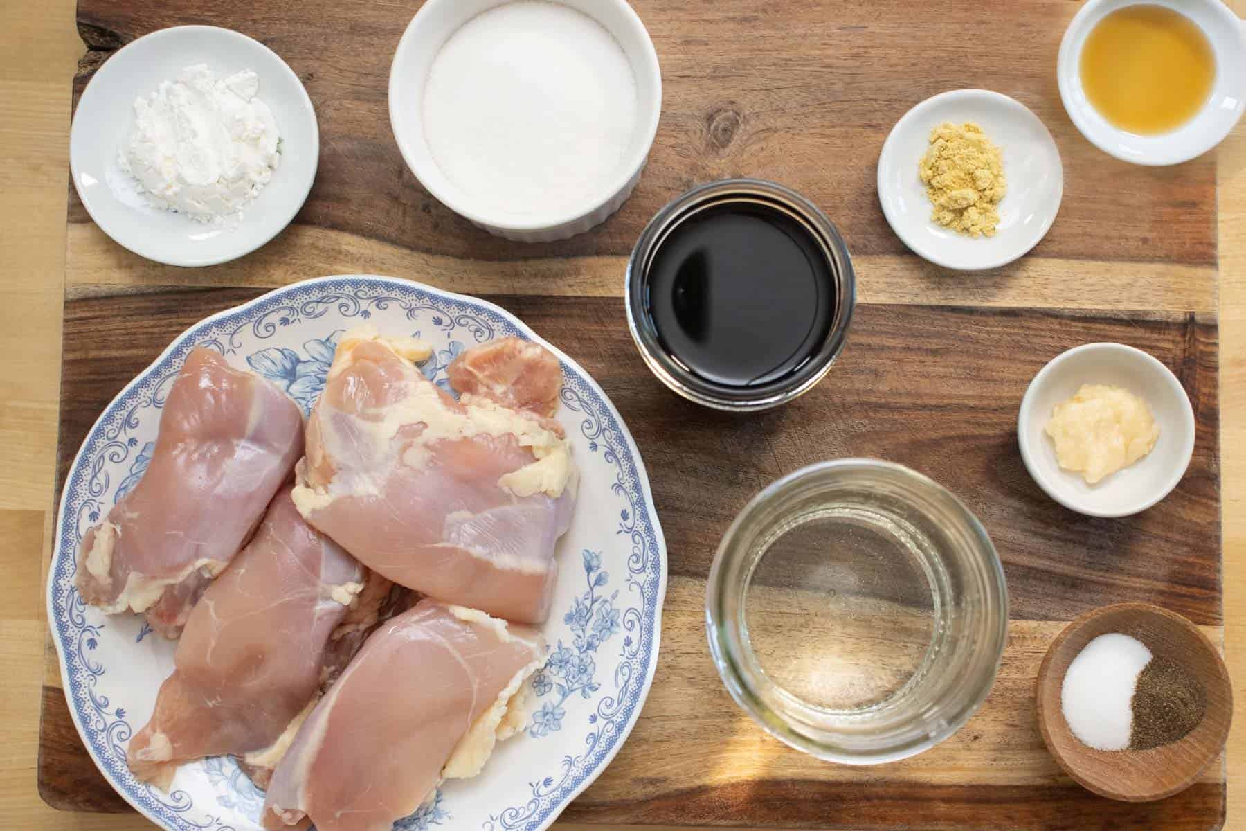 All the ingredients needed to make a sweet teriyaki chicken and sauce.