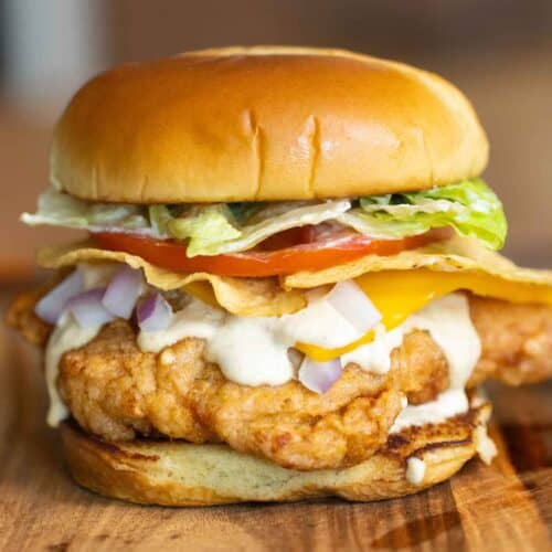 A fried chicken sandwich on a brioche bun with lettuce, tomato, corn tortilla chips, cheese, a creamy jalapeno sauce and onions.