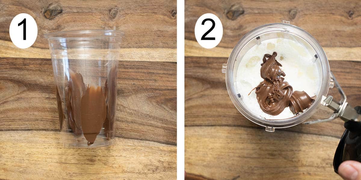 Collage on how to make a chocolate frappe and on the left garnishing the cup and mixing everything on the right.