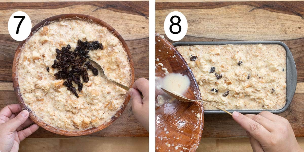 Collage on how to make a bread pudding and on the left adding the raisins to the brad mixture and pouring into a mold on the right.