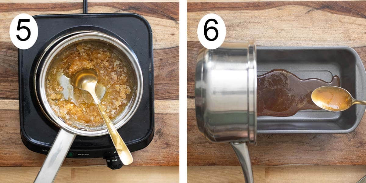 Collage on how to make a bread pudding and on the left making a caramel and pouring into a mold on the right.