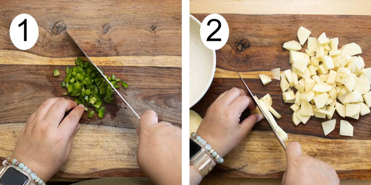 Collage on how to make a potato salad and on the left cutting a green pepper and cutting a potato on the right.
