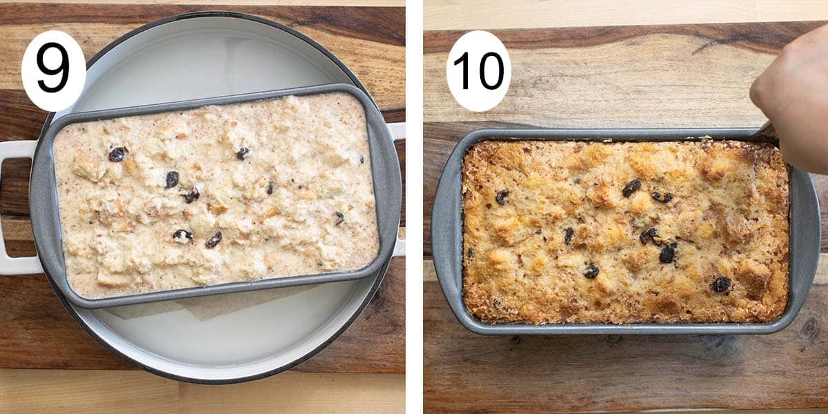 Collage on how to make a bread pudding and on the left making a water bath and on the right un molding the bread pudding.