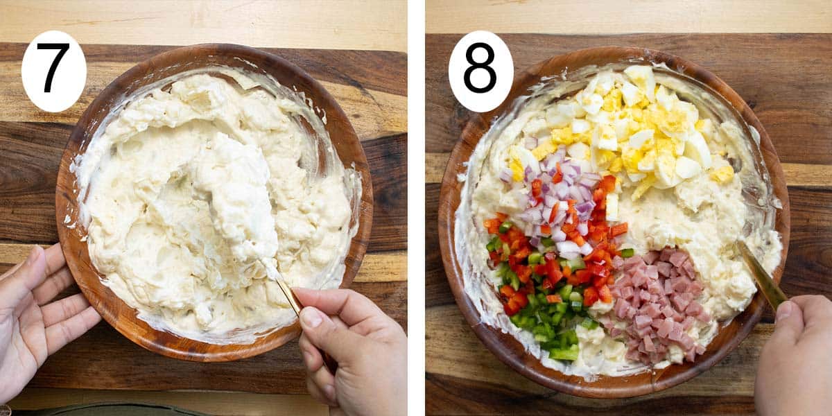 Collage on how to make a Puerto Rican potato salad and on the left mixing the mayonnaise and the potato and mixing all the ingredients together.