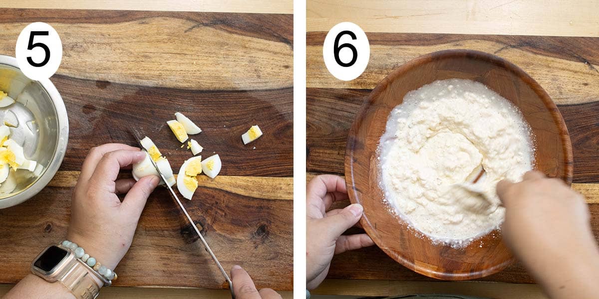 Collage on how to make a potato salad and on the left cutting eggs and making the dressing on the right.