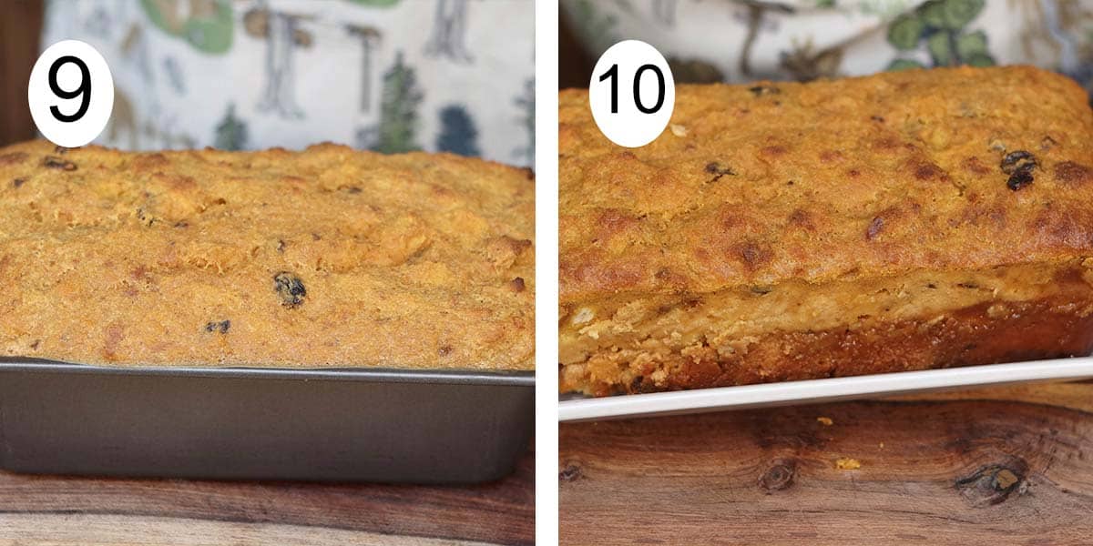 Collage on making a fall flavor bread pudding. and on the left the bread pudding cooling and served on the right.