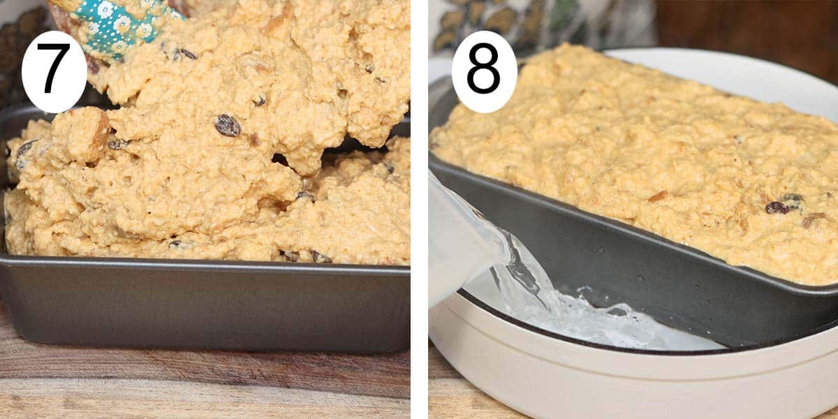 Collage on how to make a pumpkin flavor bread pudding and on the left adding the bread mixture to a mold and making a bain marieon the right.