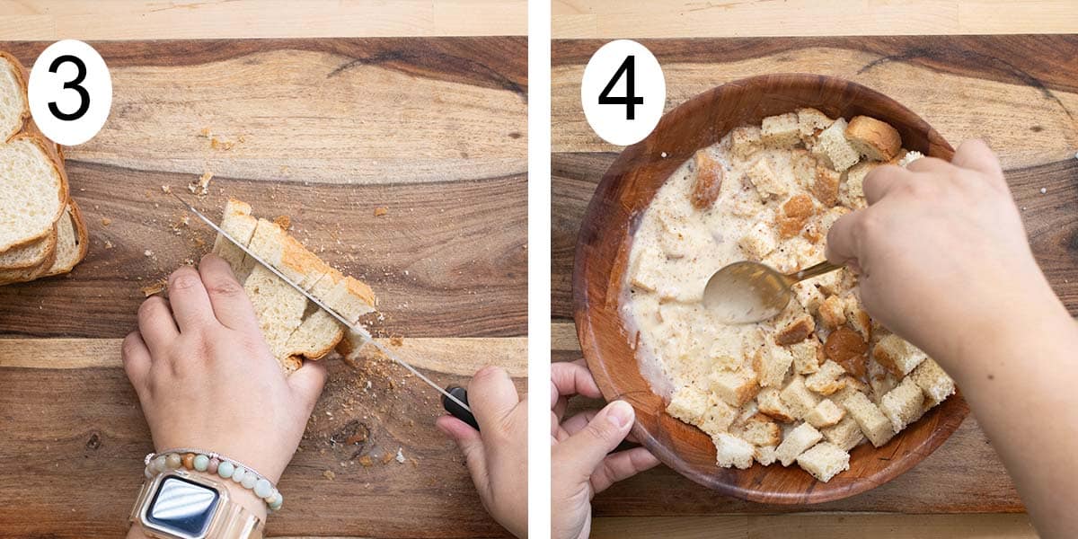 Collage on how to make a bread pudding and on the left cutting the bread and mixing it with the wet mixture on the right.