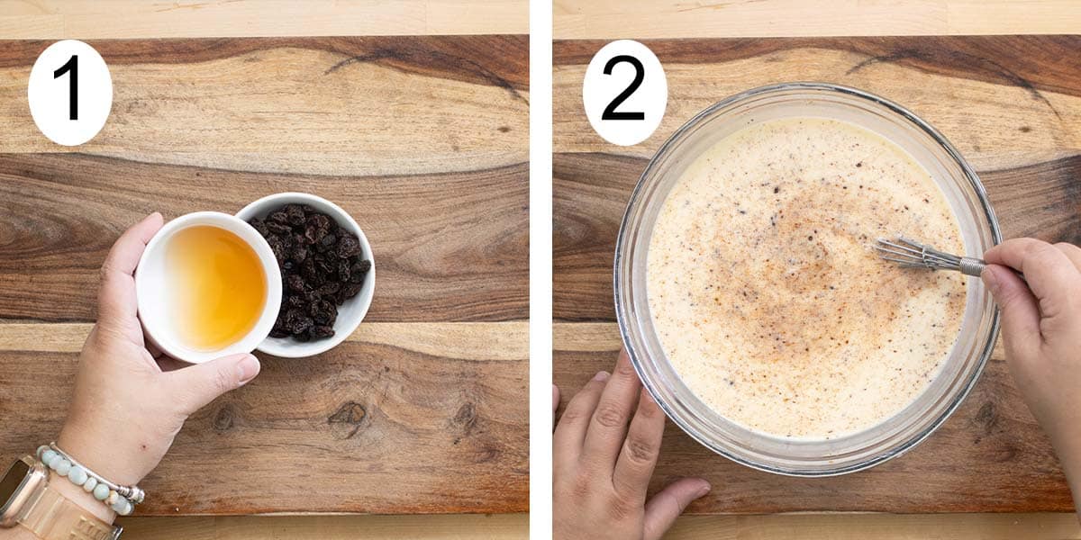 Collage on how to make a bread pudding and on the left adding brandy to raisins and mixing the custard on the right.