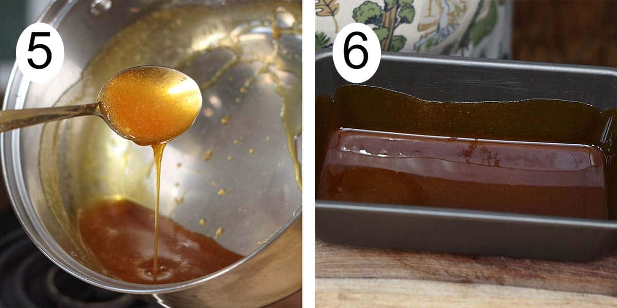 Collage on how to make a caramel for a bread pudding and on the left making the caramel and on the right spreading the caramel.