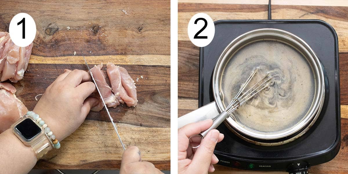 Collage on how to make teriyaki chicken and sauce and on the left cutting the chicken and making the teriyaki sauce on the right.