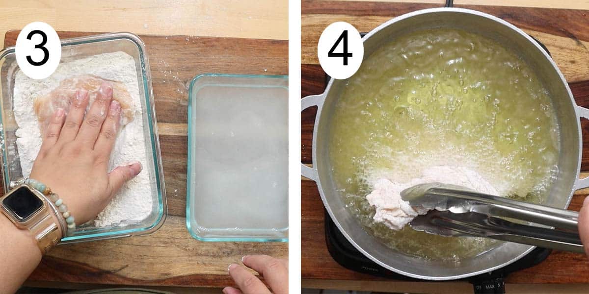 Collage on how to prepare fried chicken and on the left breading the chicken breast and frying on the right.