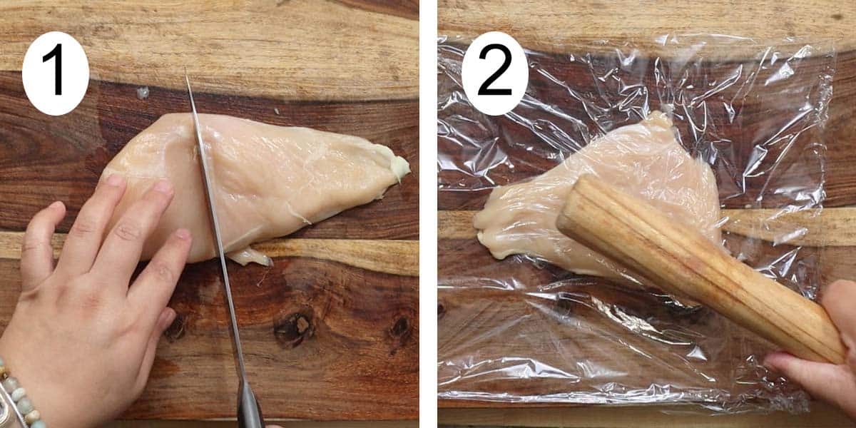 Collage on how to make fried chicken breast and on the left cutting the chicken and flattening on the right.