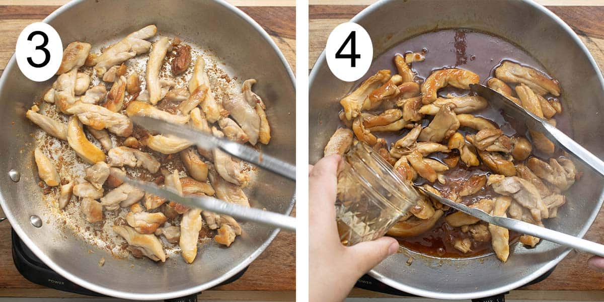 Collage on how to make teriyaki chicken and sauce and on the left cooking the chicken and adding the sauce on the right.