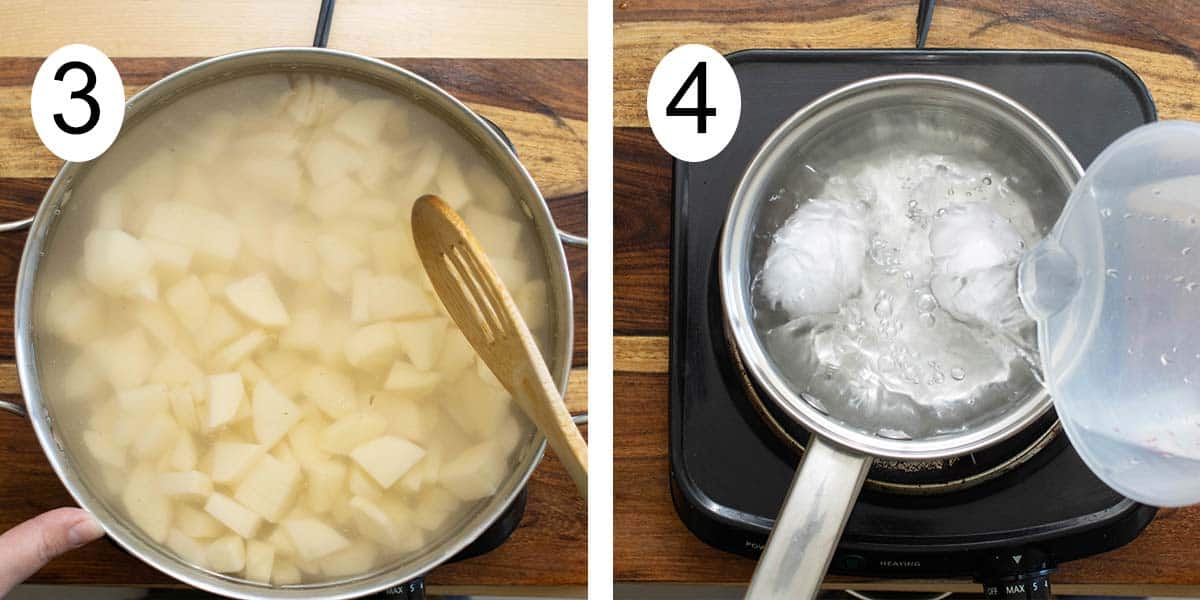 Collage on how to make a Puerto Rican potato salad and on the left boiling the potatoes and boiling the eggs on the right.
