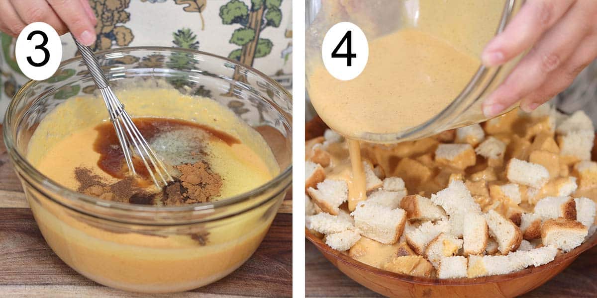 Collage on how to make a pumpkin bread pudding and on the left mixng the pumpkin custard and adding it to bread on the left.
