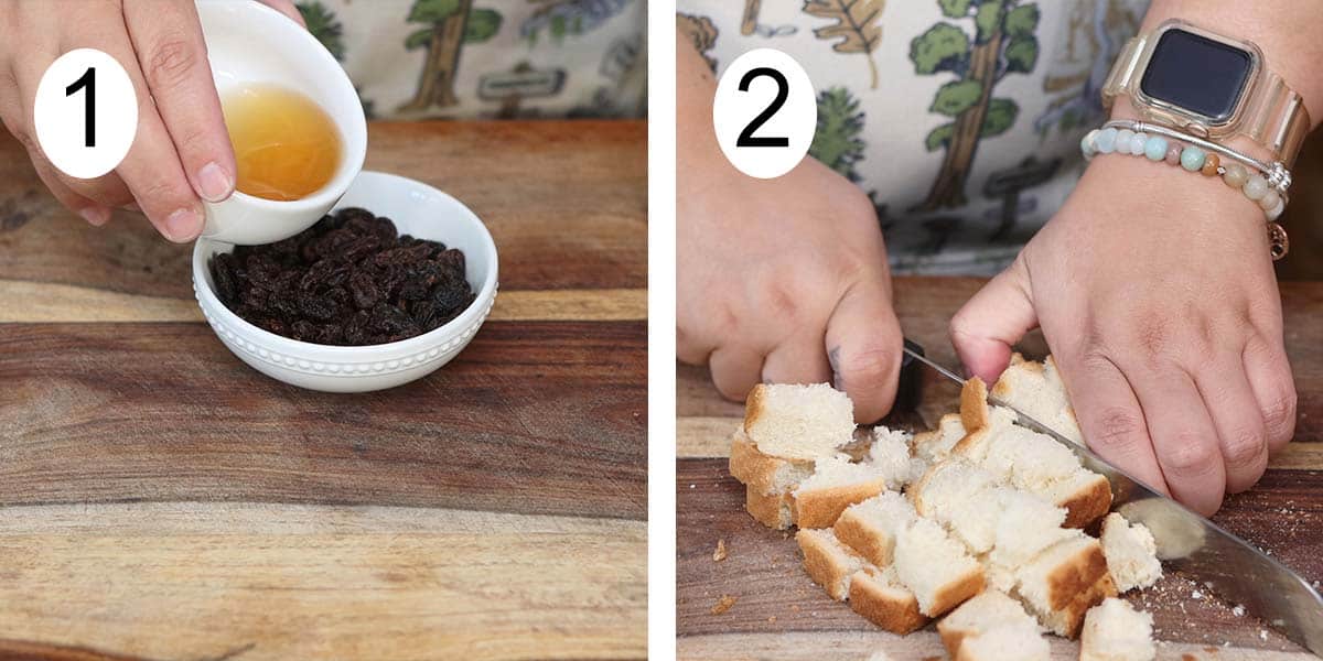 Collage on how to prepare for a bread pudding on the left soaking the raisins and cutting bread on the right.