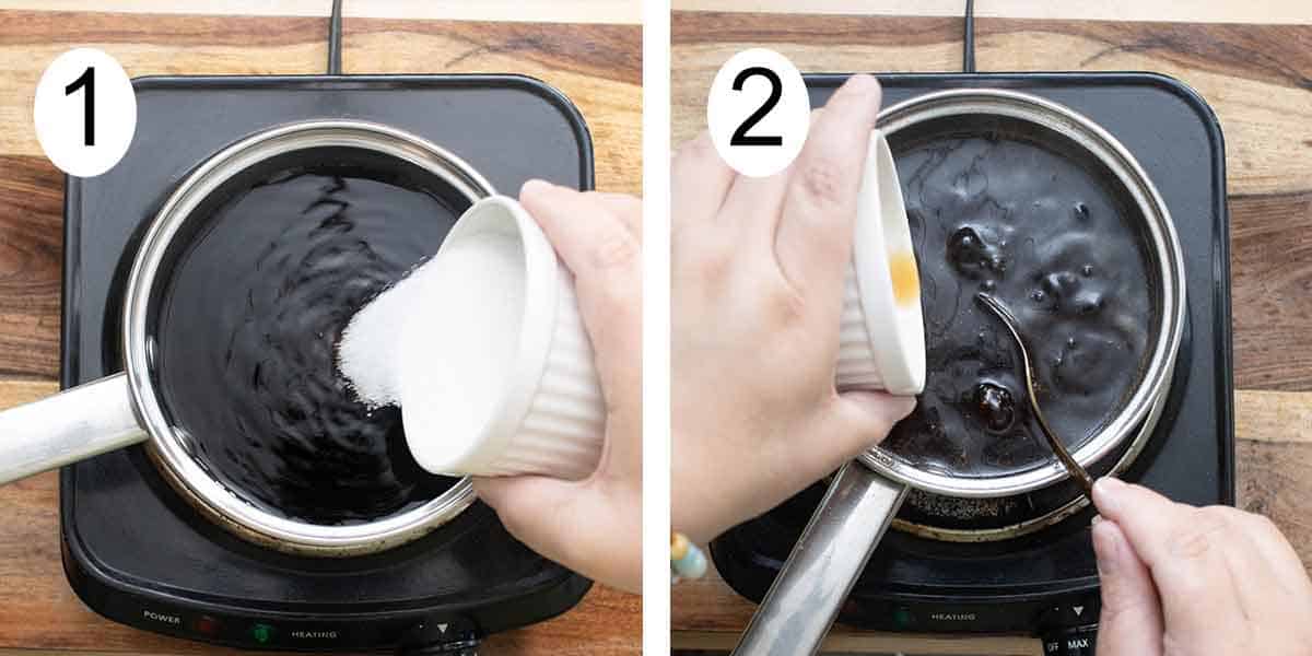 Collage on how to make a teriyaki sauce and on the left adding sugar and adding a cornstarch slurry on the right.