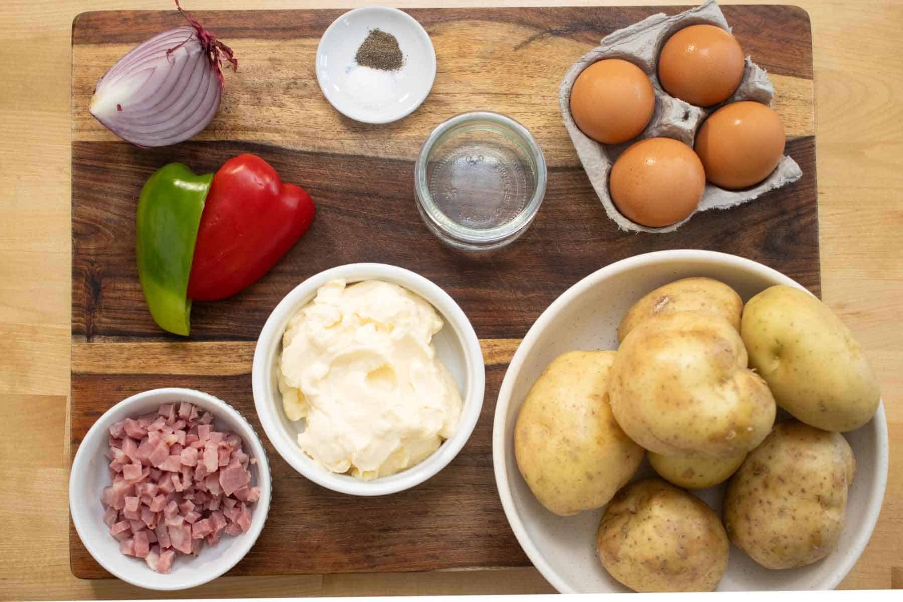 All the ingredients needed to make a puerto rican style potato salad.