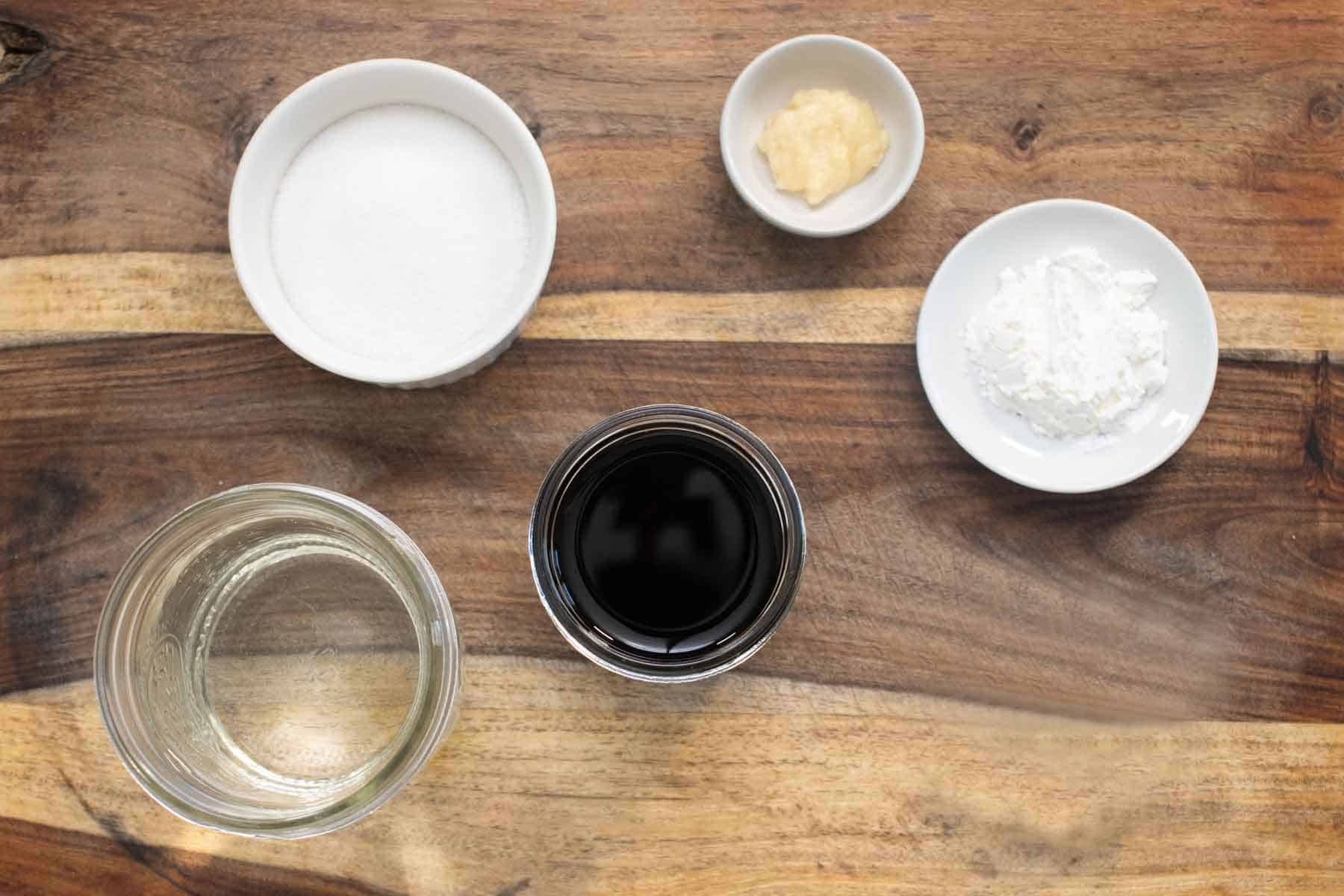 All the ingredients needed to make a sweet teriyaki sauce.